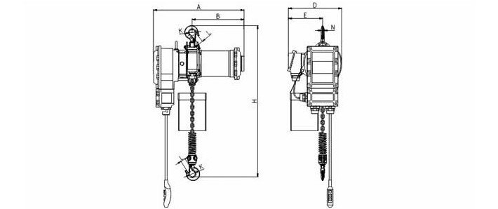 龍升防爆環(huán)鏈電動(dòng)葫蘆尺寸圖