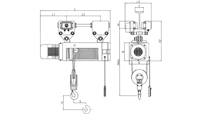 懸掛式鋼絲繩電動葫蘆結(jié)構(gòu)尺寸圖