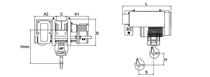 SHA XD低建筑鋼絲繩電動(dòng)葫蘆結(jié)構(gòu)尺寸圖片