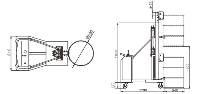 LDT280配重式半電動(dòng)油桶堆高車(chē)尺寸圖