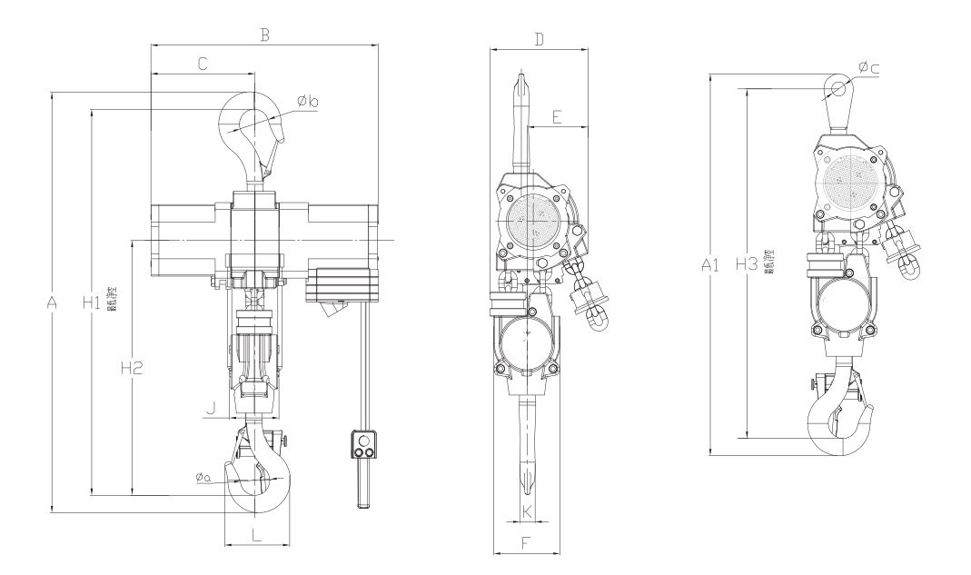 氣動葫蘆LSHQ型小規(guī)格尺寸圖