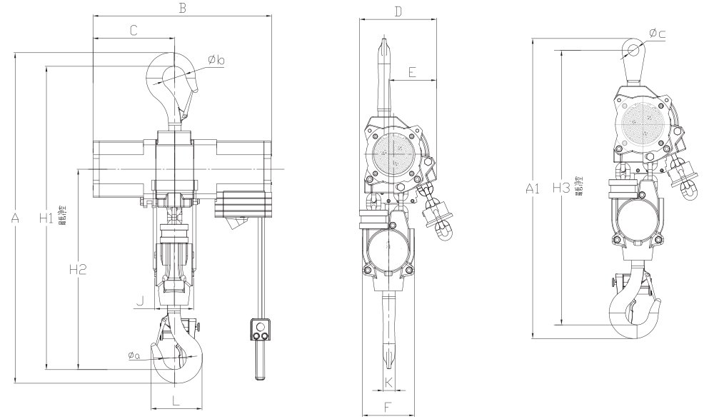 氣動葫蘆LSHQ型中規(guī)格尺寸圖