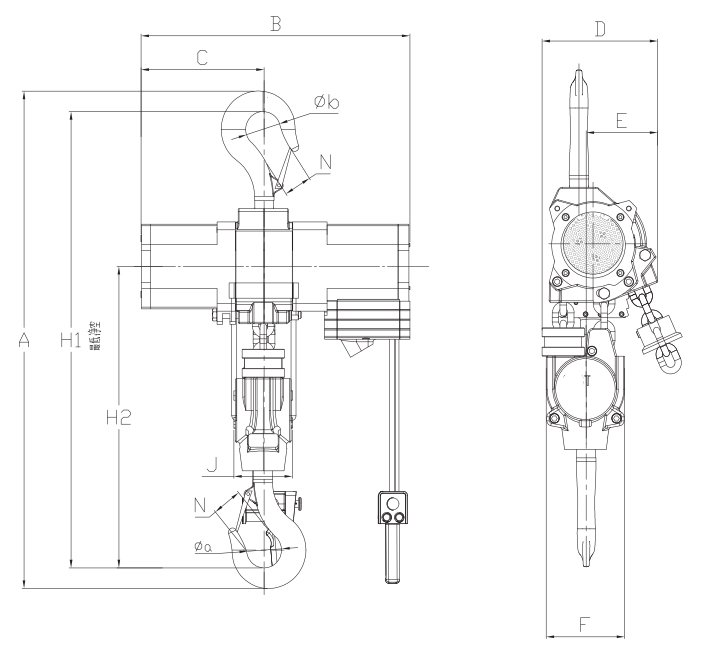 氣動葫蘆LSHQ型大規(guī)格尺寸圖